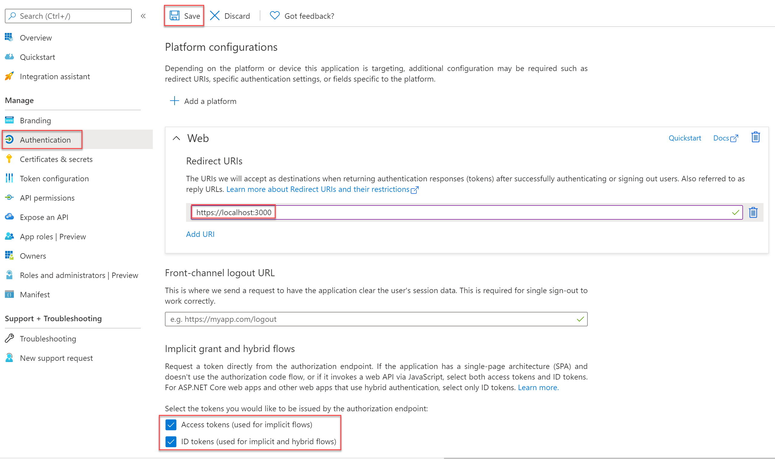 Screenshot of the Azure portal window, which shows the Microsoft Entra app authentication configurations and the web redirect URI set for localhost 3000.