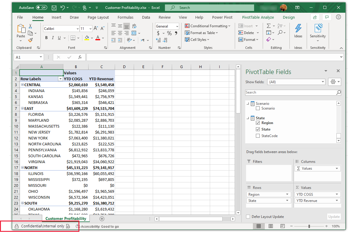 Screenshot of Excel showing sensitivity label inherited from dataset via live connection.