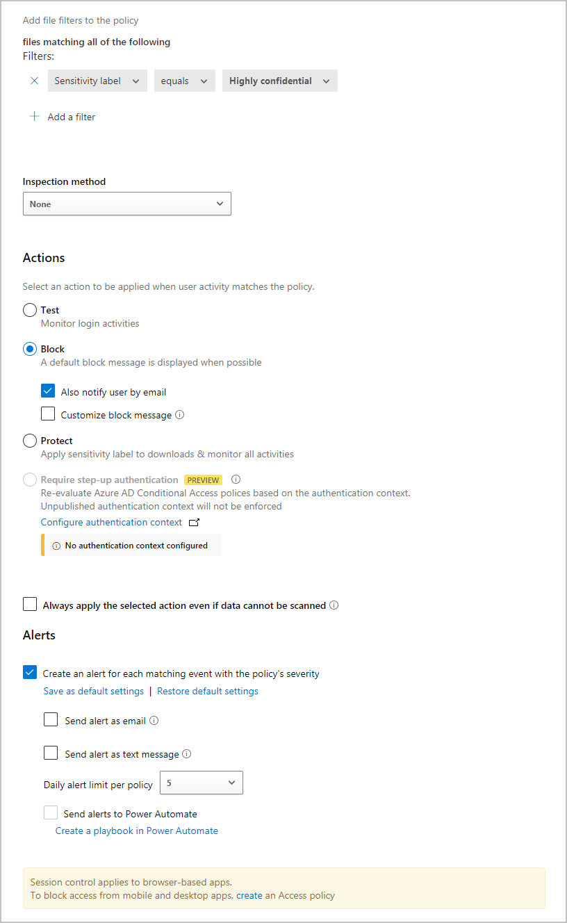 Screenshot des Fensters „Defender for Cloud App-Sicherheit“ mit den erweiterten Optionen zur Richtlinienkonfiguration.