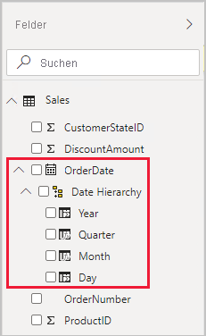 Screenshot showing example of the Fields pane, with the Sales table expanded open.