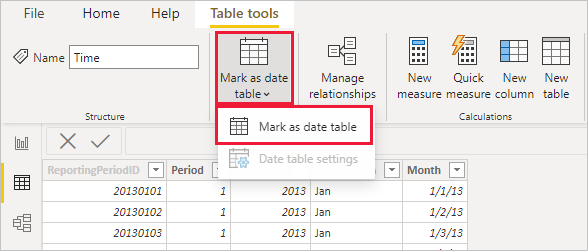 Screenshot von Power BI Desktop mit der Schaltfläche „Als Datumstabelle markieren“ und dem Optionsfilter
