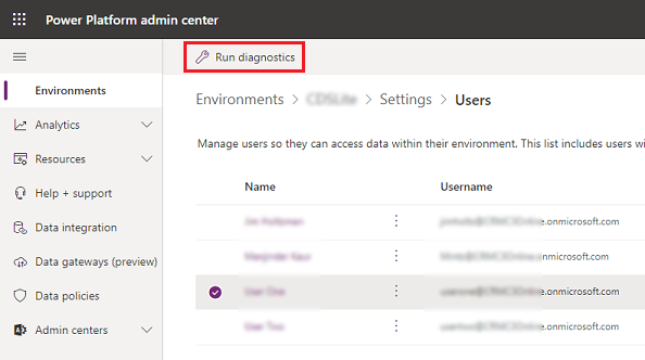 Liste der Benutzer in einer Dataverse for Teams-Umgebung.