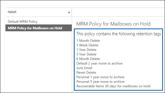Aufbewahrungstags, die mit der Aufbewahrungsrichtlinie verknüpft sind, werden im Detailbereich angezeigt.