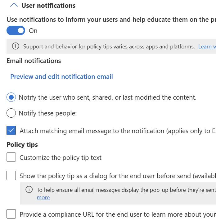 Konfigurationsoptionen für Benutzerbenachrichtigungen und Richtlinientipps, die für Exchange, SharePoint, OneDrive, Teams Chat und Channel und Defender für Cloud-Apps verfügbar sind