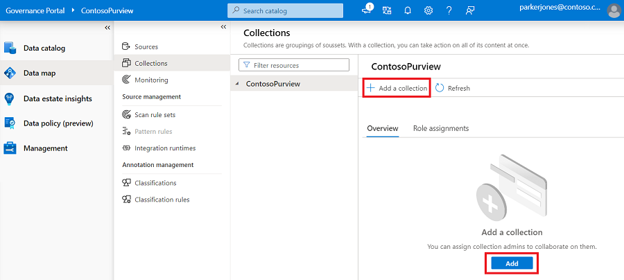 Screenshot des Microsoft Purview-Governanceportalfensters mit dem neuen Sammlungsfenster mit hervorgehobener Schaltfläche 
