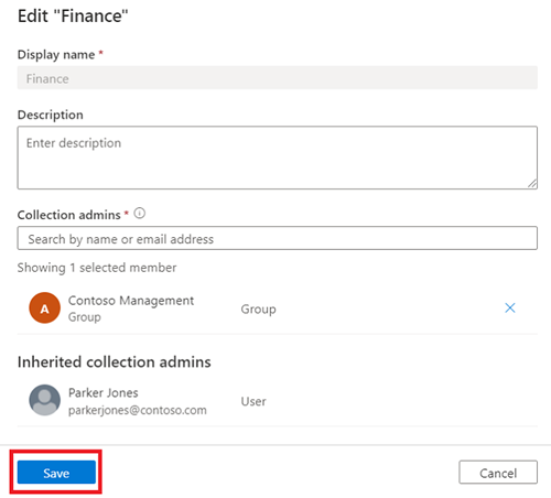 Screenshot of Microsoft Purview governance portal window with the edit collection window open, a description added to the collection, and the save button highlighted.