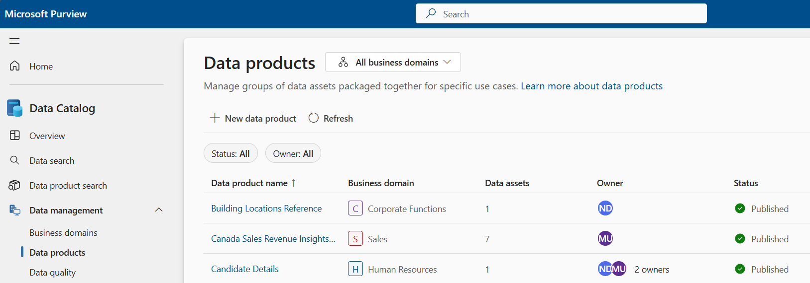 Screenshot of the data products page in the Microsoft Purview Data Catalog.