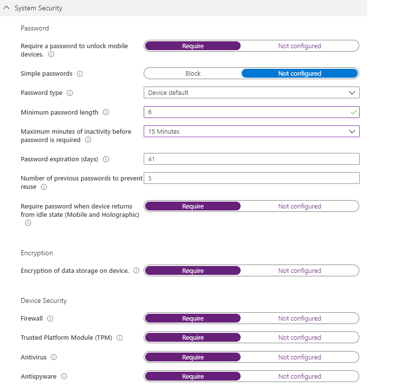 Screenshot des Bereichs Systemsicherheit in den Einstellungen für Konformitätsrichtlinien von Windows 10.