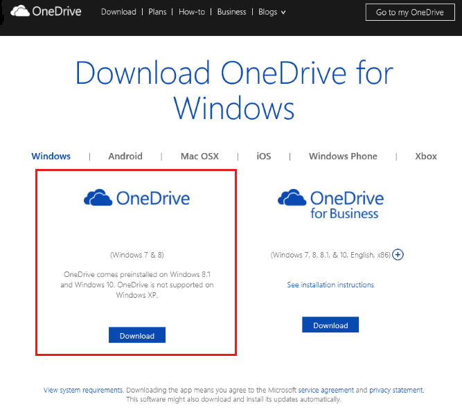Screenshot: Herunterladen von OneDrive auf der Startseite von OneDrive