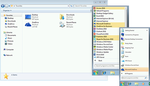 Screenshot: Ansichten von Windows Explorer und dem Startmenü nach der Installation von Office 2016 in Windows 7