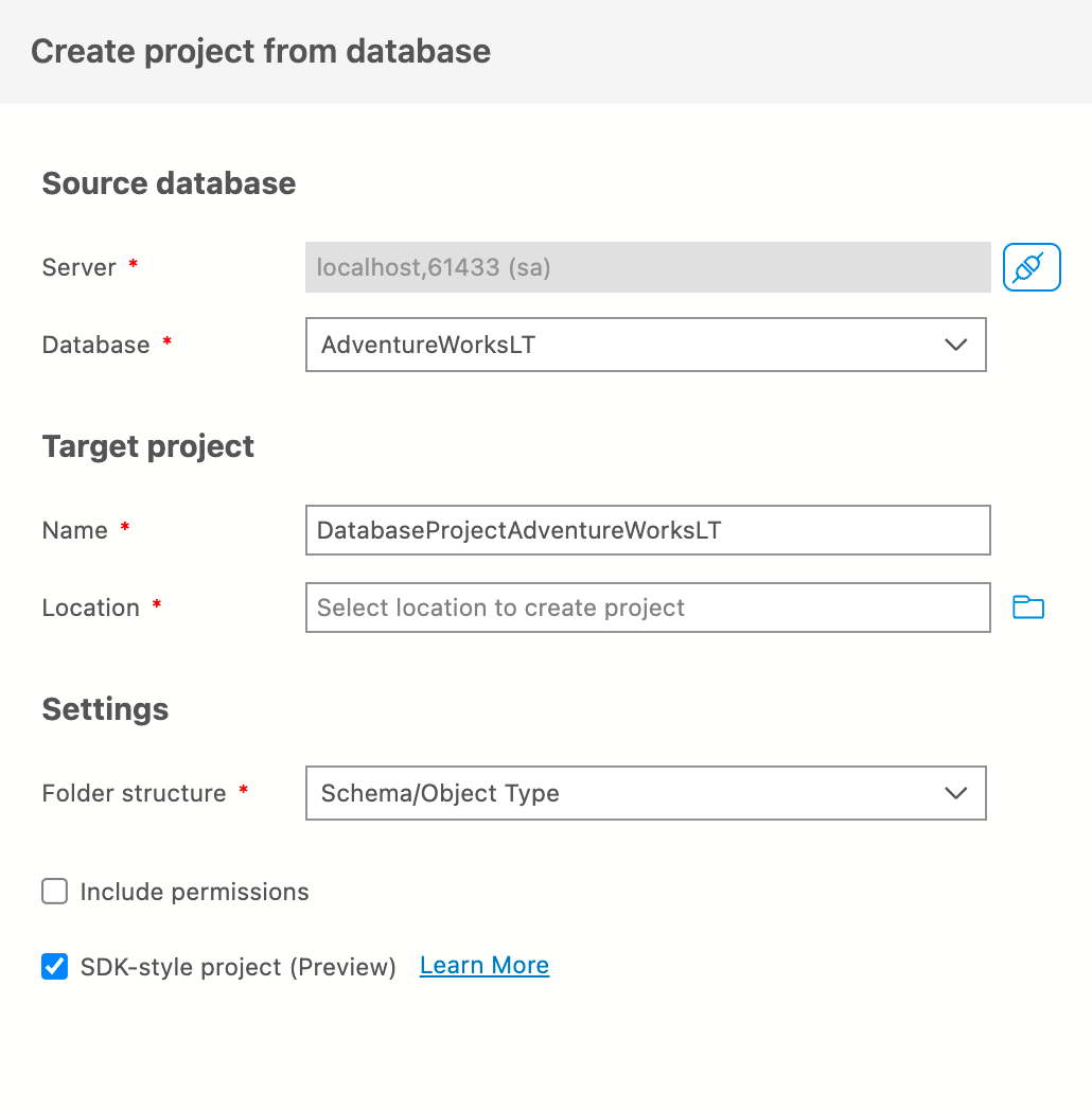 Screenshot of create Project from Database dialog.