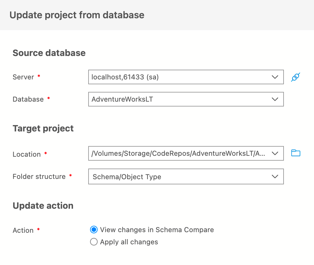 Screenshot of update Project from Database dialog.