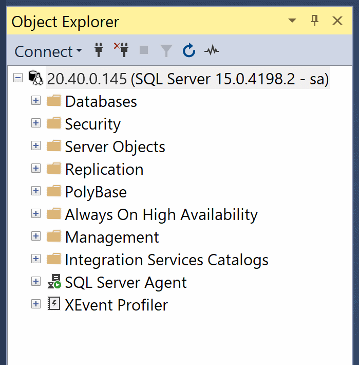 Screenshot showing the Object Explorer connected to the database instance.