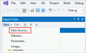 Screenshot of the Report Data pane with the Data Source option highlighted in the New menu.