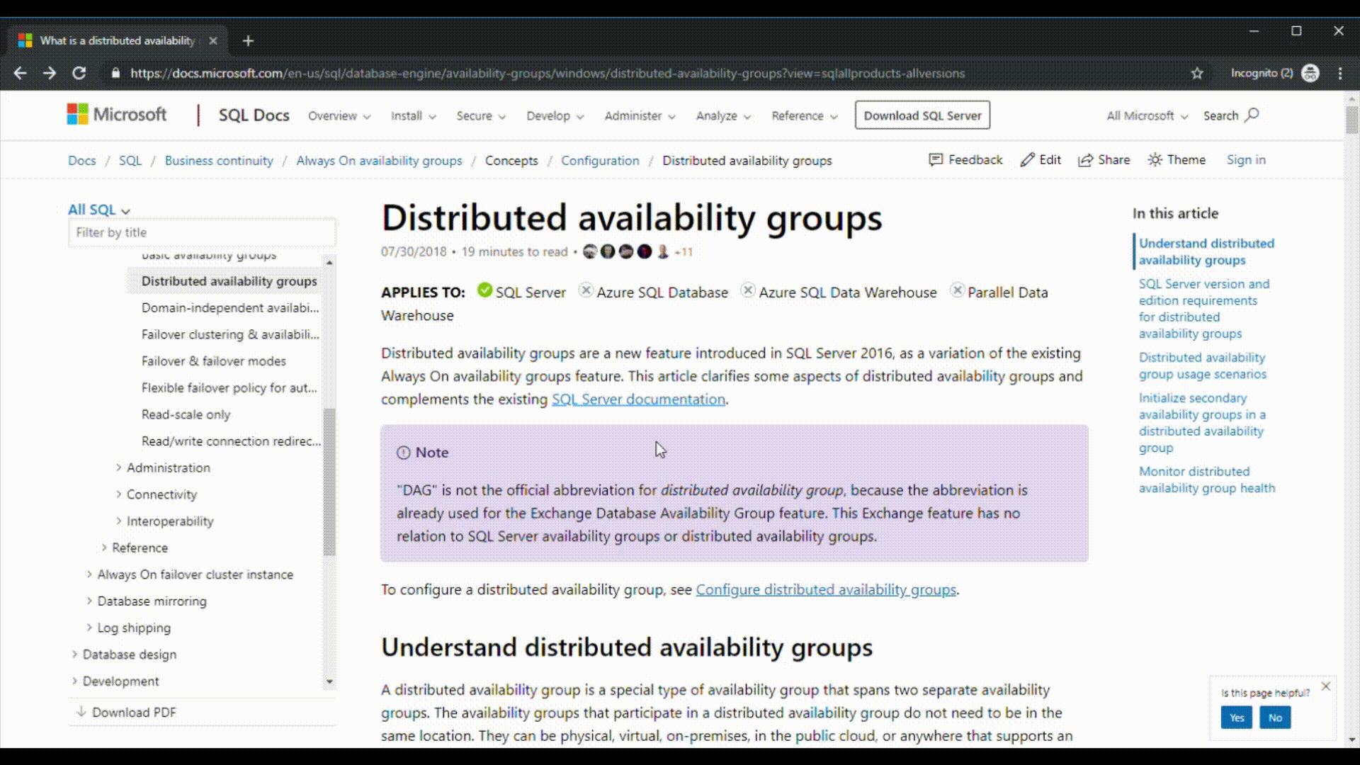 Screenshot des Versionsfilters für die Breadcrumbs der SQL-Dokumentation