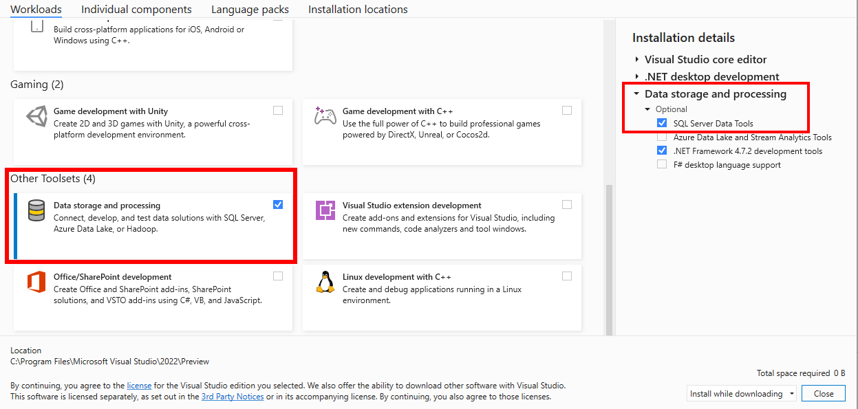 Workload „Datenspeicherung und -verarbeitung“ für Visual Studio 2022