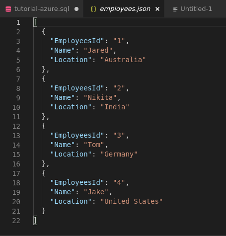 Screenshot des Editors in Visual Studio Code U I, als J SON speichern.