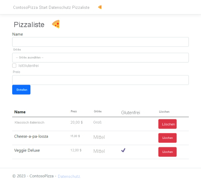 Screenshot der Seite „PizzaList“ mit dem neuen Pizzaformular