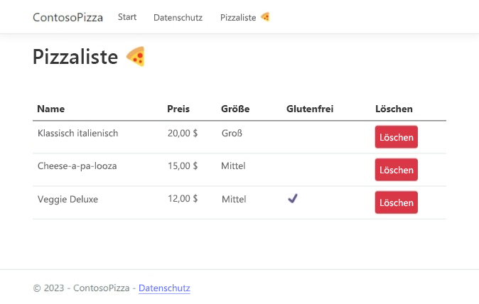Screenshot: Pizza List-Seite mit funktionierender Liste
