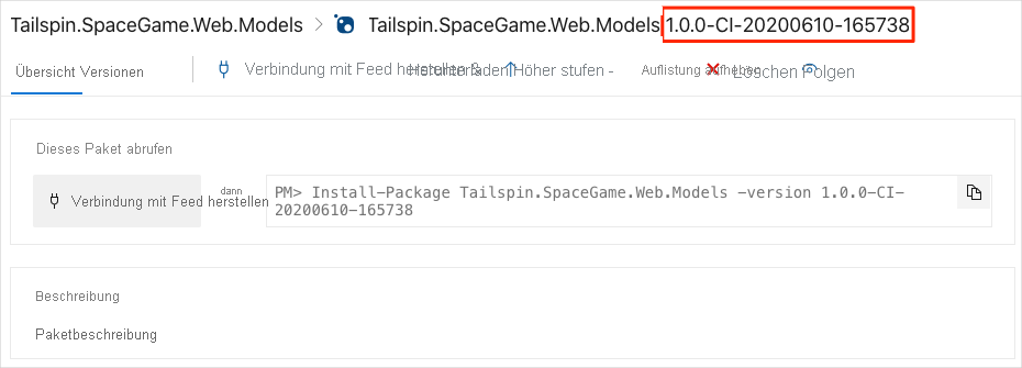 A screenshot of Azure Artifacts showing package details. Highlighted is the version number for the package.