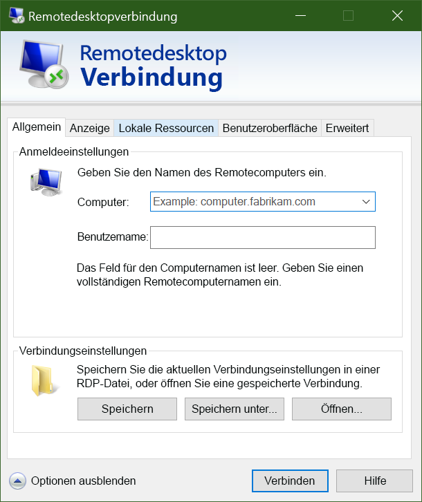 Screenshot der Benutzeroberfläche des Remotedesktopprotokoll-Clients