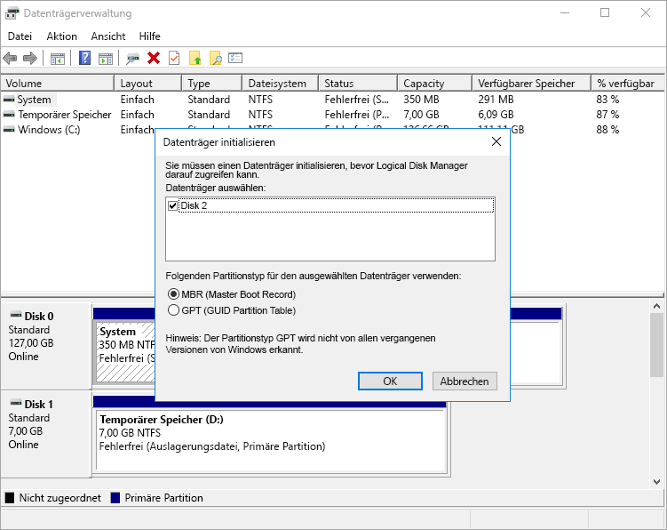 Screenshot der Warnung des Datenträgerverwaltungstools aufgrund eines nicht initialisierten Datenträgers auf dem virtuellen Computer.