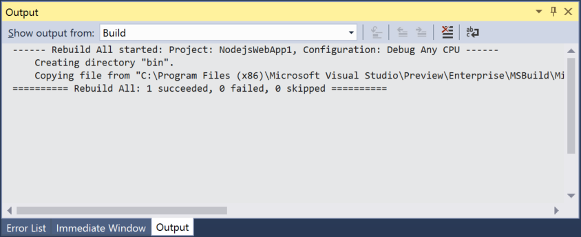 Screenshot of verbose build output in Visual Studio.