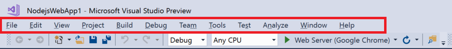 Screenshot of menu bar in Visual Studio.