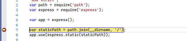 Screenshot: Visual Studio-Codefenster mit JavaScript-Code – ein roter Punkt auf dem linken Bundsteg mit einem gelben Pfeil gibt an, dass die Codeausführung angehalten wurde.