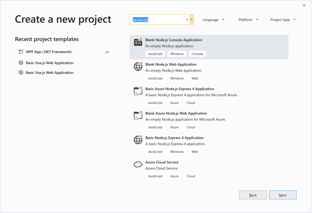 Screenshot of search for project templates on Visual Studio start window.