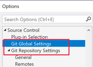 The navigation pane in the Options dialog box with a callout to Git settings.