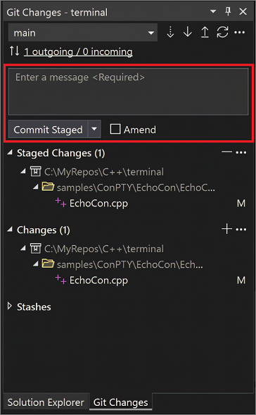 Screenshot of the Git Changes dialog in Visual Studio 2022.