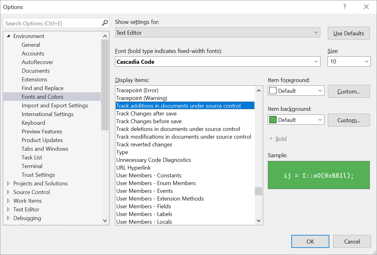 Screenshot of the Options dialog box where you can change the colors Visual Studio uses for source control.