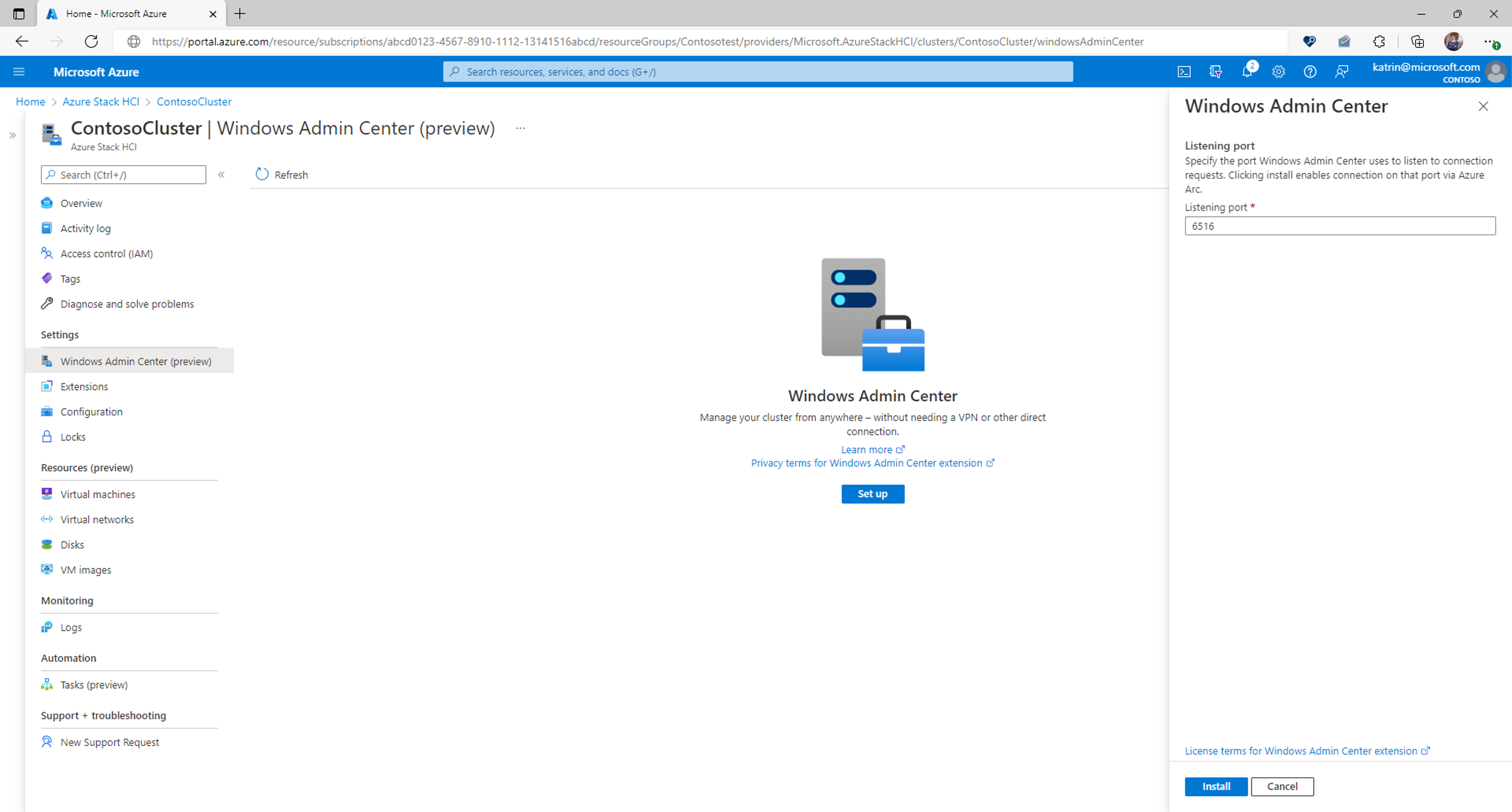 Screenshot: Schaltfläche „Installieren“ für Windows Admin Center auf einem Azure Stack HCI-Cluster