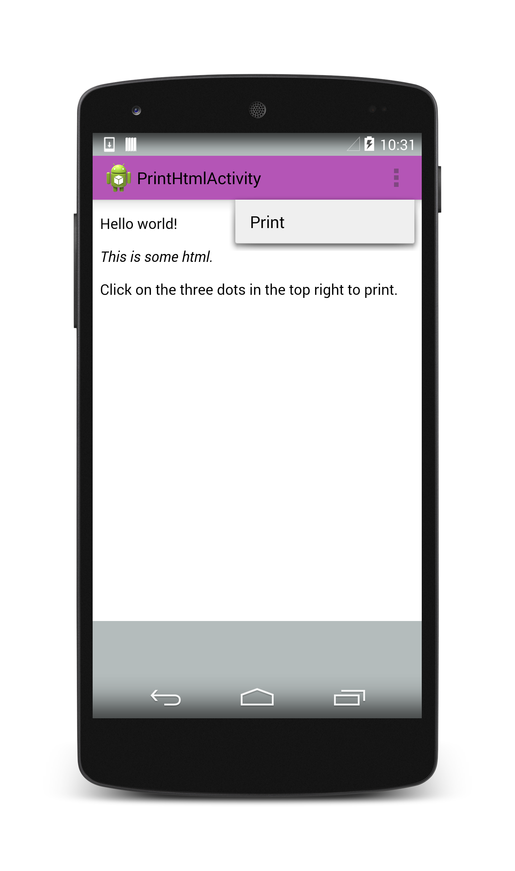 Screenshot: PrintHtmlActivity mit dem Menü