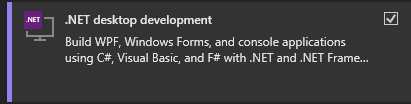 Screenshot: Workload „.NET-Desktopentwicklung“ im Visual Studio-Installer.
