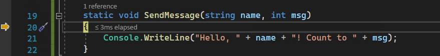 Screenshot mit dem Ausführungszeiger des Debuggers in der Methode 