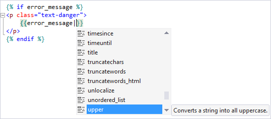 Screenshot der IntelliSense-Unterstützung von Tags und Filtern, die in der Django-Entwicklung in Visual Studio verwendet werden.