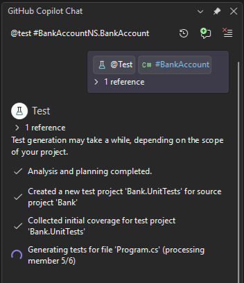 Screenshot der Copilot-Starttestgenerierung.