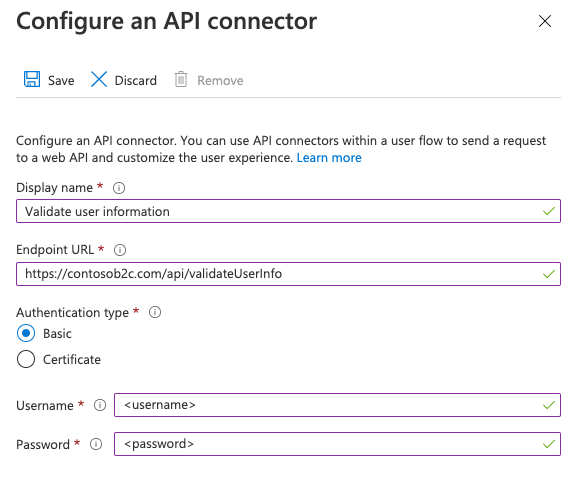 Bereitstellen der Standardauthentifizierungskonfiguration für einen API-Connector.