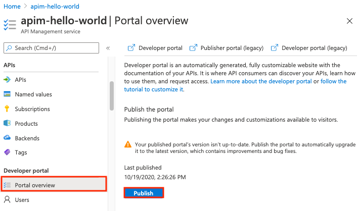 Screenshot der Veröffentlichung des Entwicklerportals über das Azure-Portal