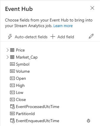 Screenshot: Event Hubs-Feldliste, in der Sie den Feldtyp entfernen, umbenennen oder ändern können