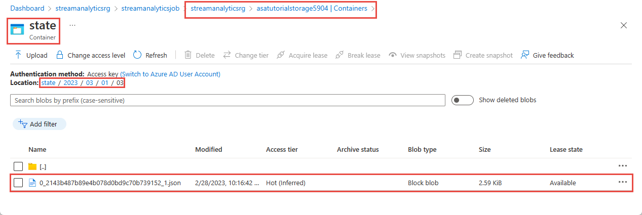 Screenshot: Ausgabedatei im Status-Blobcontainer