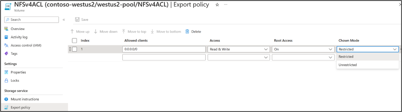 Screenshot des Menüs „Exportrichtlinie“, das den chown-Modus auf „uneingeschränkt“ ändert.