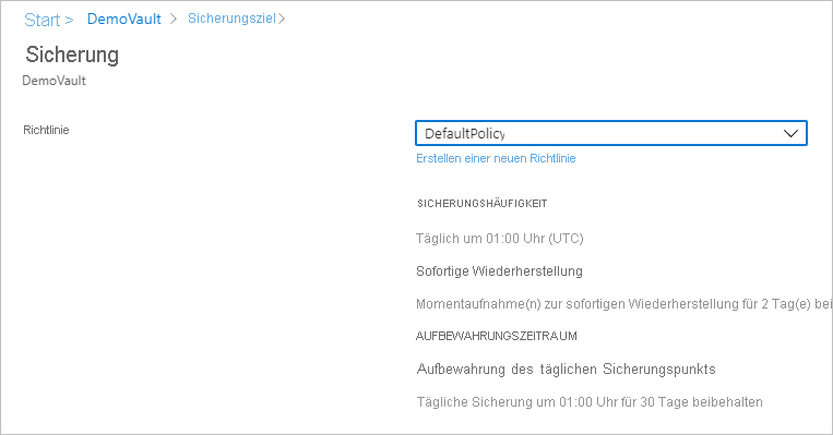 Screenshot der Standardsicherungsrichtlinie.