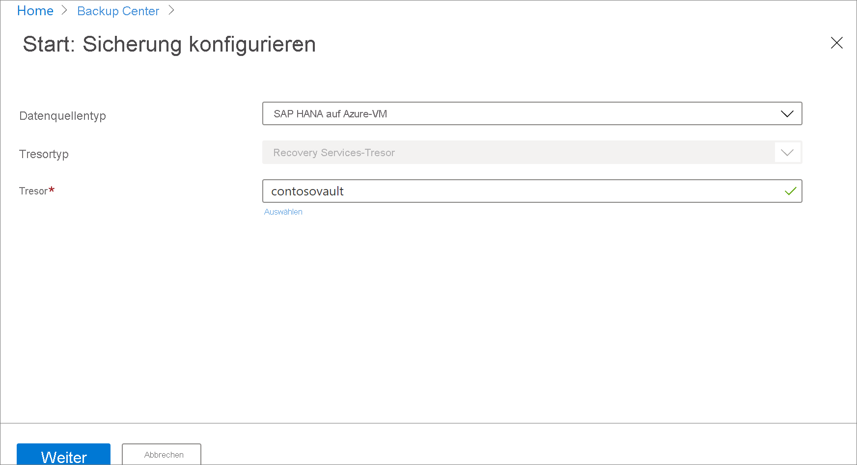 Screenshot, der die Auswahl eines Recovery Services Vaults für die Sicherung der SAP HANA-Datenbank zeigt.