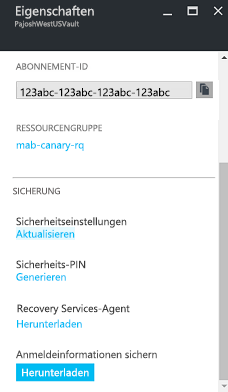 Screenshot der Eigenschaften des Recovery Services-Tresors