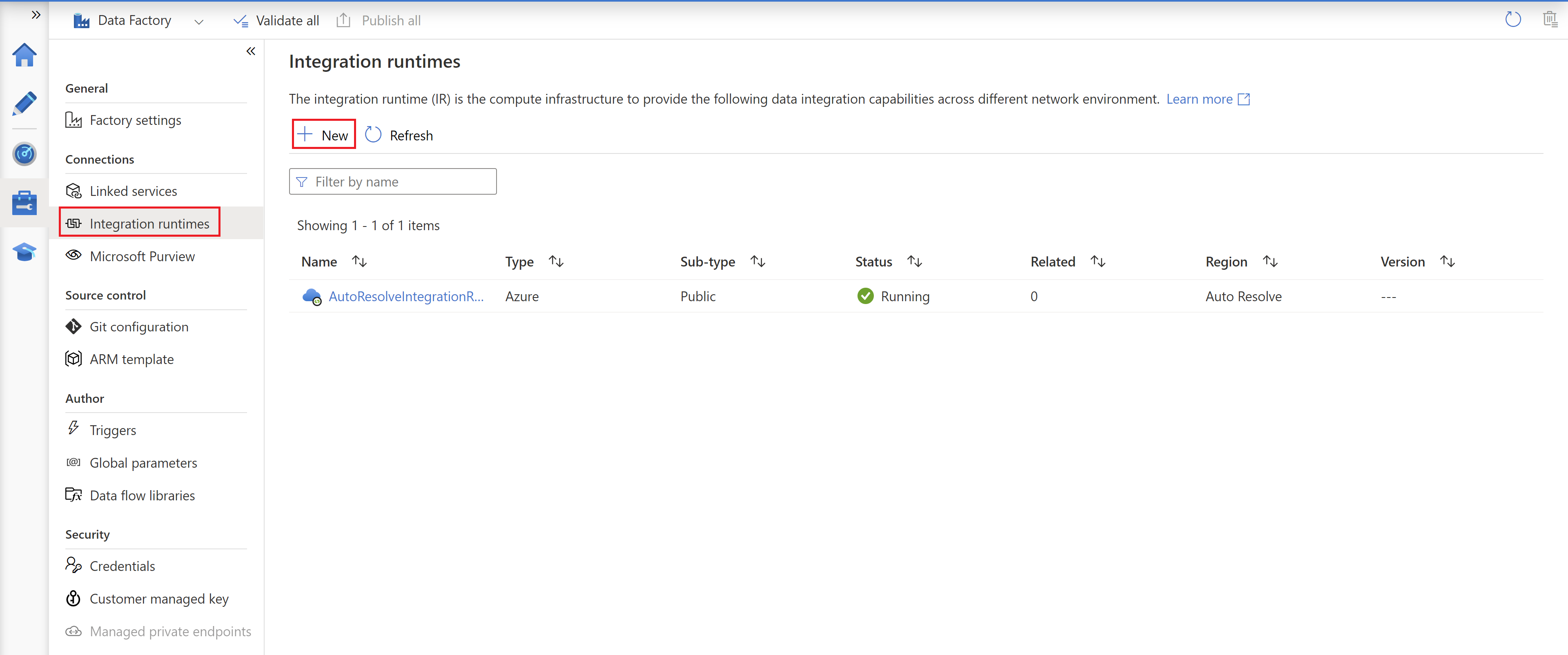 Screenshot mit hervorgehobenen Integration Runtimes im linken Bereich und der Schaltfläche „+ Neu“