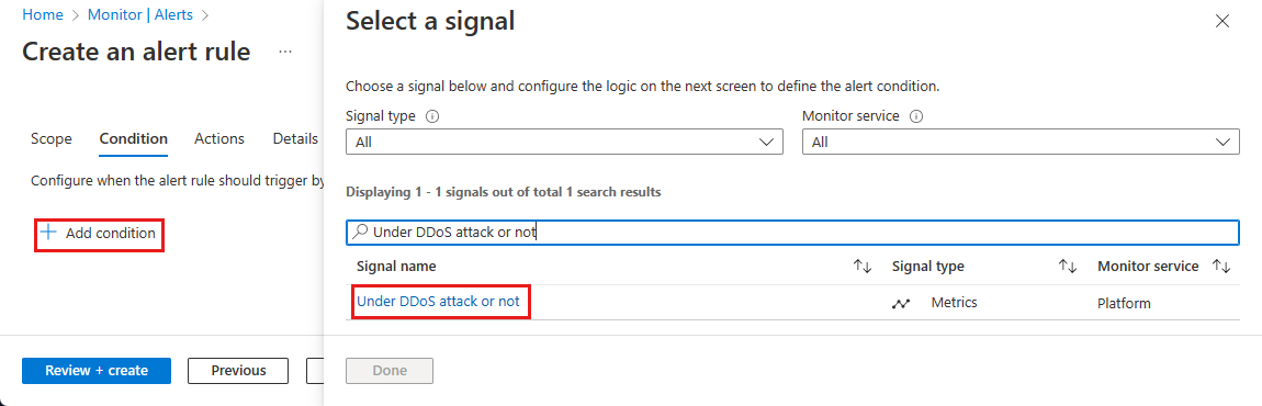 Screenshot des Hinzufügens einer Bedingung für DDoS Protection-Angriffswarnungen
