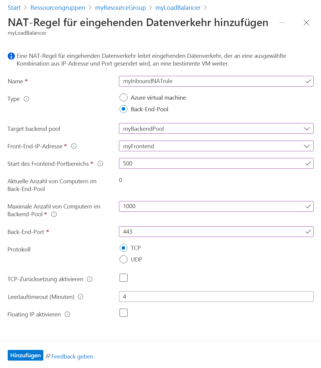 Ein Screenshot der Konfigurationsoberfläche für eingehende NAT-Regeln für mehrere virtuelle Maschinen zeigt den Frontend Port-Bereich und die Einstellungen für den Backend Pool.